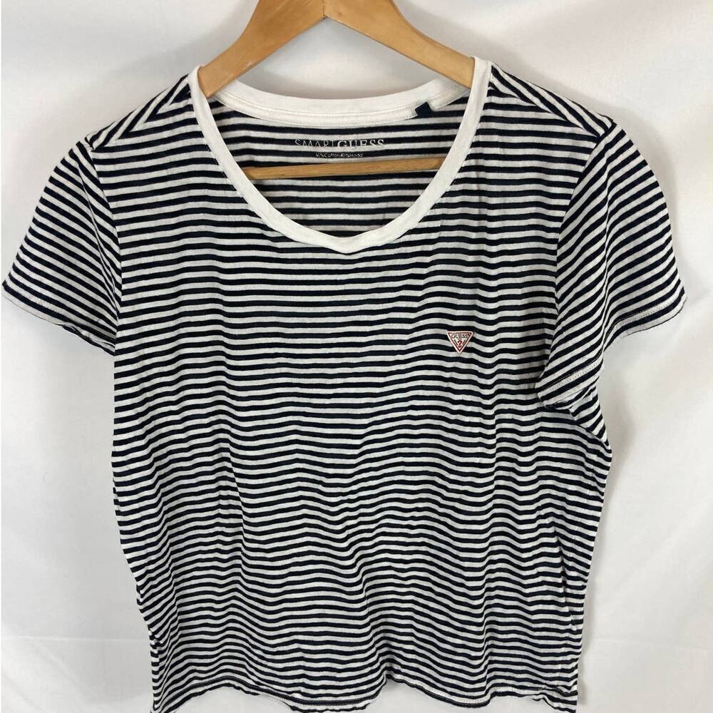 Guess Smart Guess Boxy Fit Short Sleeve Modal Blend Tshirt Black white Stripe XL